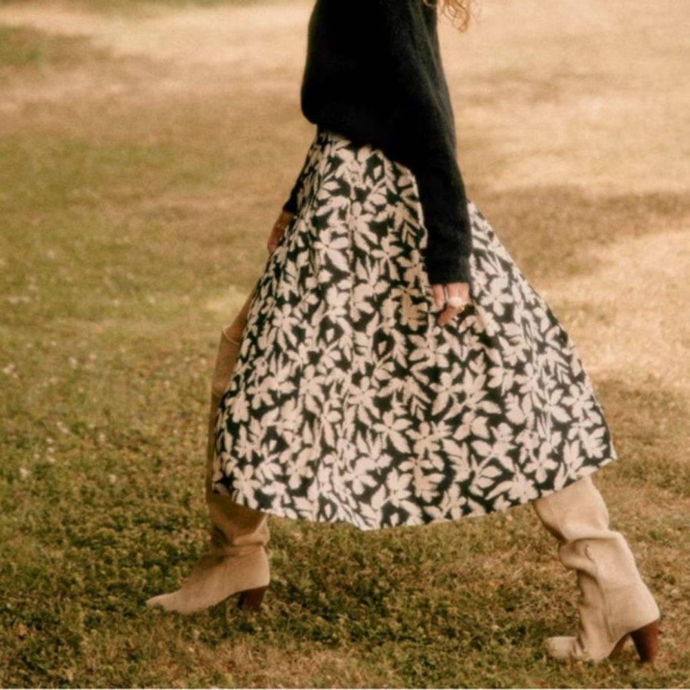 Sezane Black and Cream High-Low Leaf Print Skirt